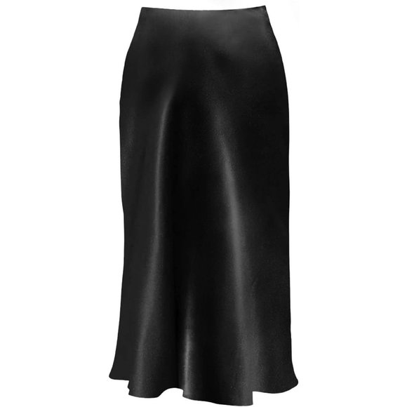 Women's Midi Length High Waist Silk Satin Elasticized Cheetah Skirt - Black